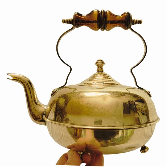 Vintage Ornate Brass & Amber Glass Handle Footed Teapot - Picture 1 of 9